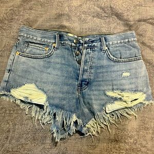 Free People Loving Good Vibrations Destructed Raw-Hem Denim Shorts